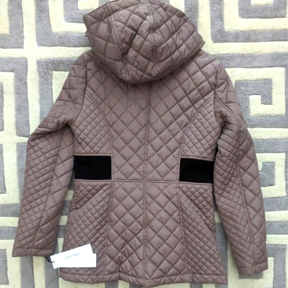 CALVIN KLEIN Performance Quilted Jacket WOMEN XS Zip Hood Lined Slim Taupe Brown - Picture 3 of 13